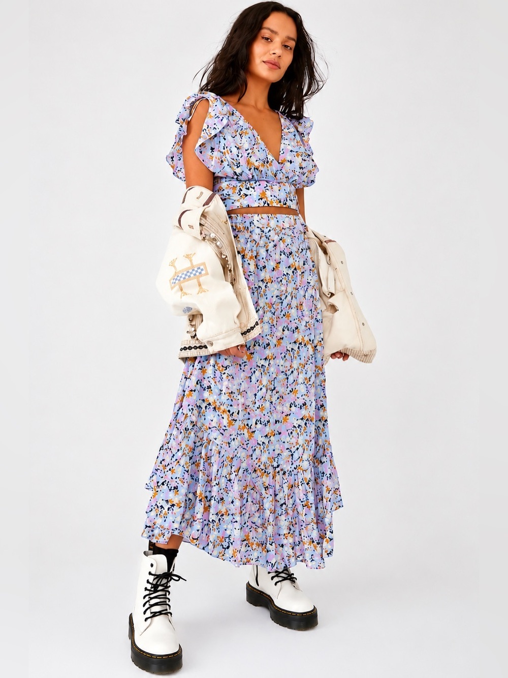 Free People Pretty Daze Blue Floral Crop Top Maxi Tiered Skirt Set Size Small